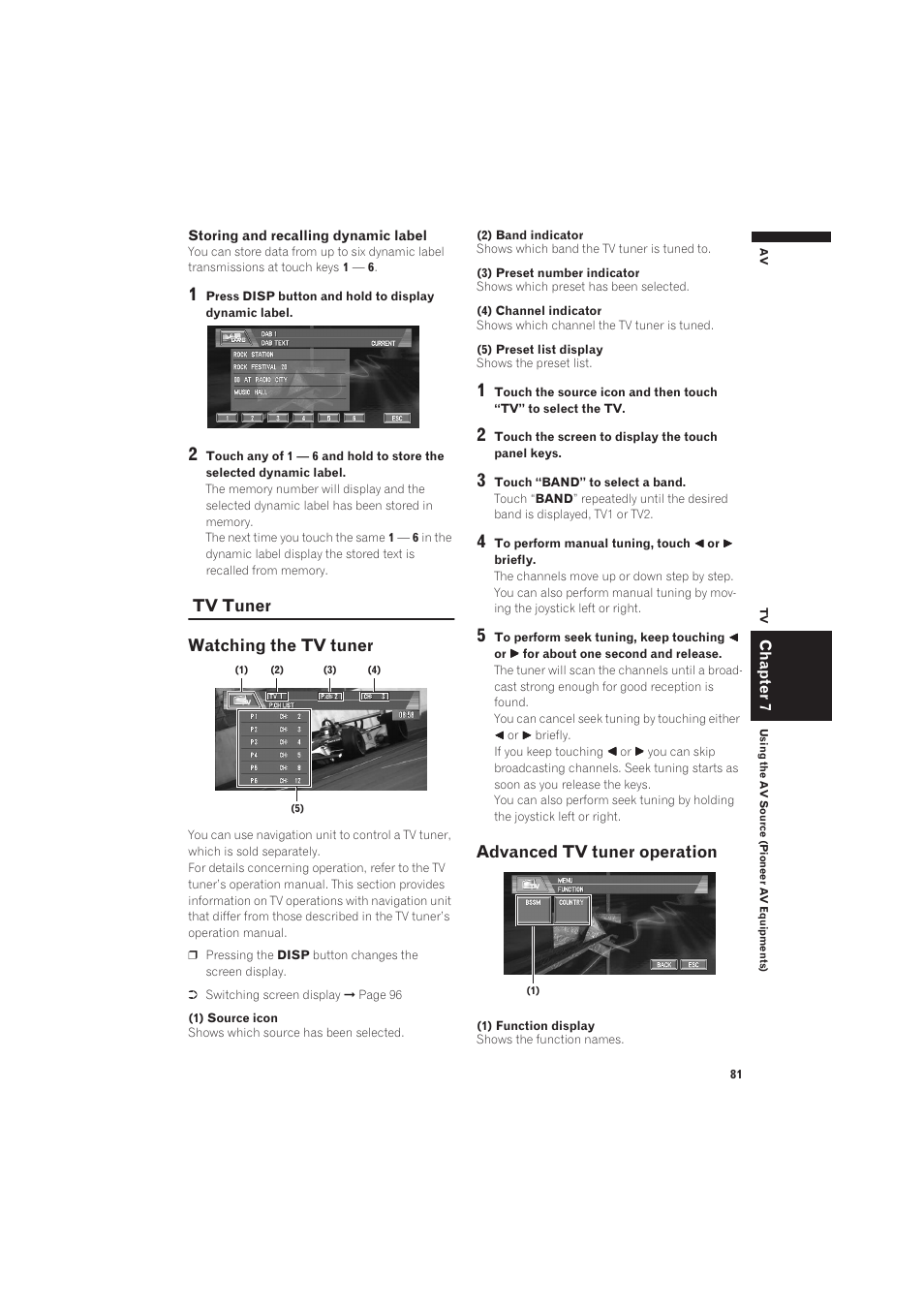 Tv tuner, Watching the tv tuner, Advanced tv tuner operation 81 | Tv tuner watching the tv tuner, Advanced tv tuner operation | Pioneer CNDV-50MT User Manual | Page 83 / 137