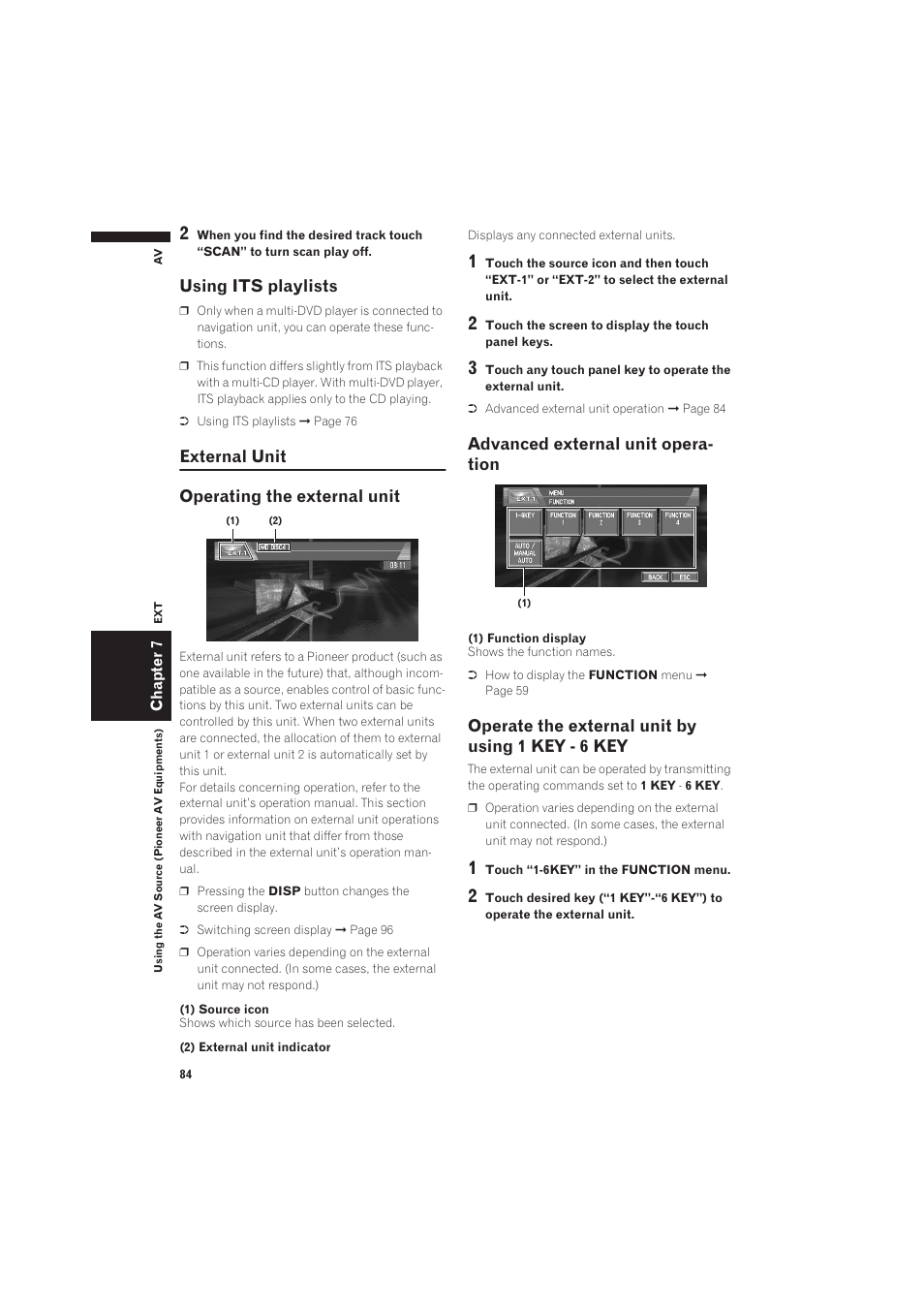 Using its playlists, External unit, Key 84 | External unit operating the external unit, Advanced external unit opera- tion, Operate the external unit by using 1 key - 6 key | Pioneer CNDV-50MT User Manual | Page 86 / 137
