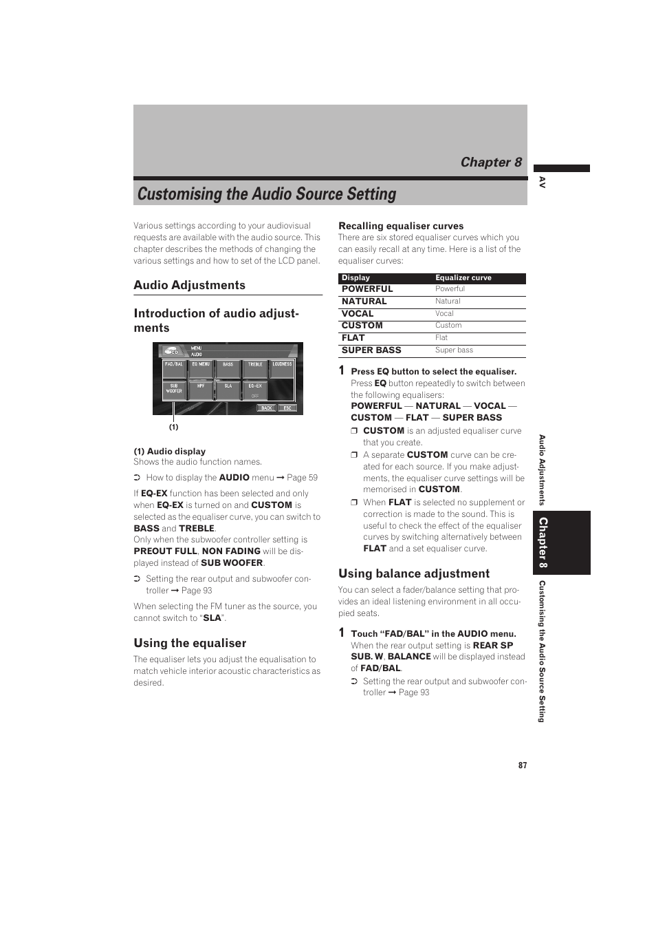 Chapter 8, Customising the audio source set- ting, Audio adjustments | Customising the audio source setting, Using the equaliser, Using balance adjustment | Pioneer CNDV-50MT User Manual | Page 89 / 137