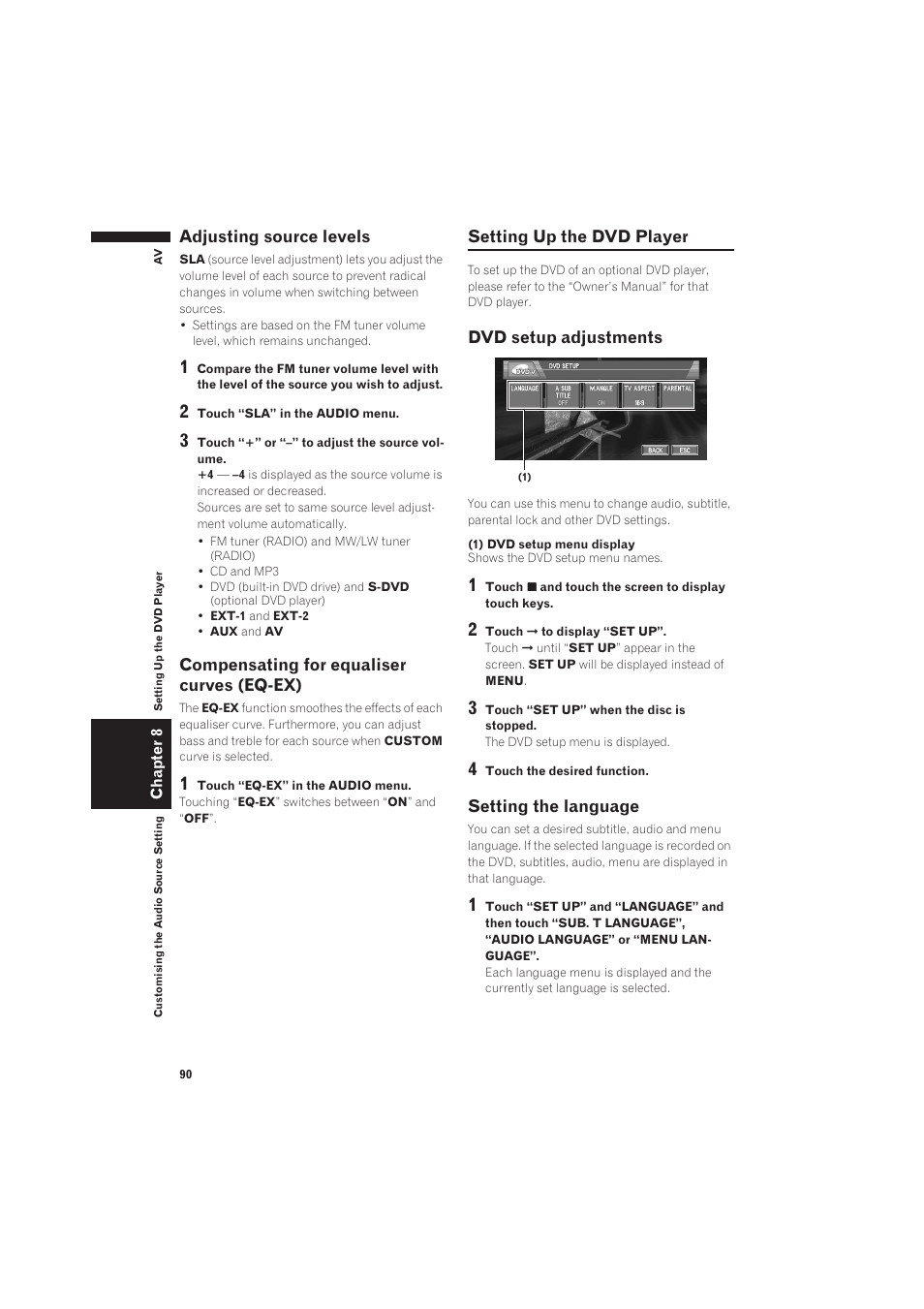Setting up the dvd player 90, Dvd setup adjustments 90 setting the language 90 | Pioneer CNDV-50MT User Manual | Page 92 / 137
