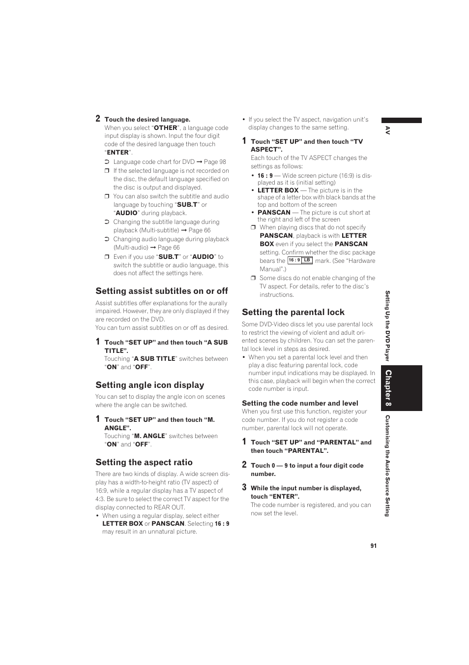 Setting assist subtitles on or off, Setting angle icon display, Setting the aspect ratio | Setting the parental lock | Pioneer CNDV-50MT User Manual | Page 93 / 137