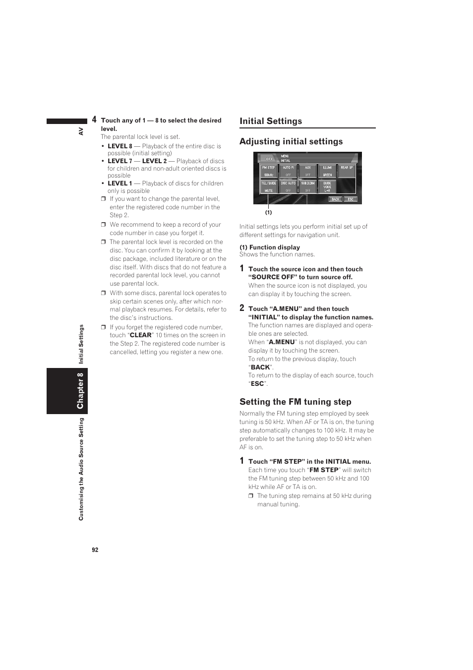 Initial settings 92, Initial settings adjusting initial settings, Setting the fm tuning step | Pioneer CNDV-50MT User Manual | Page 94 / 137