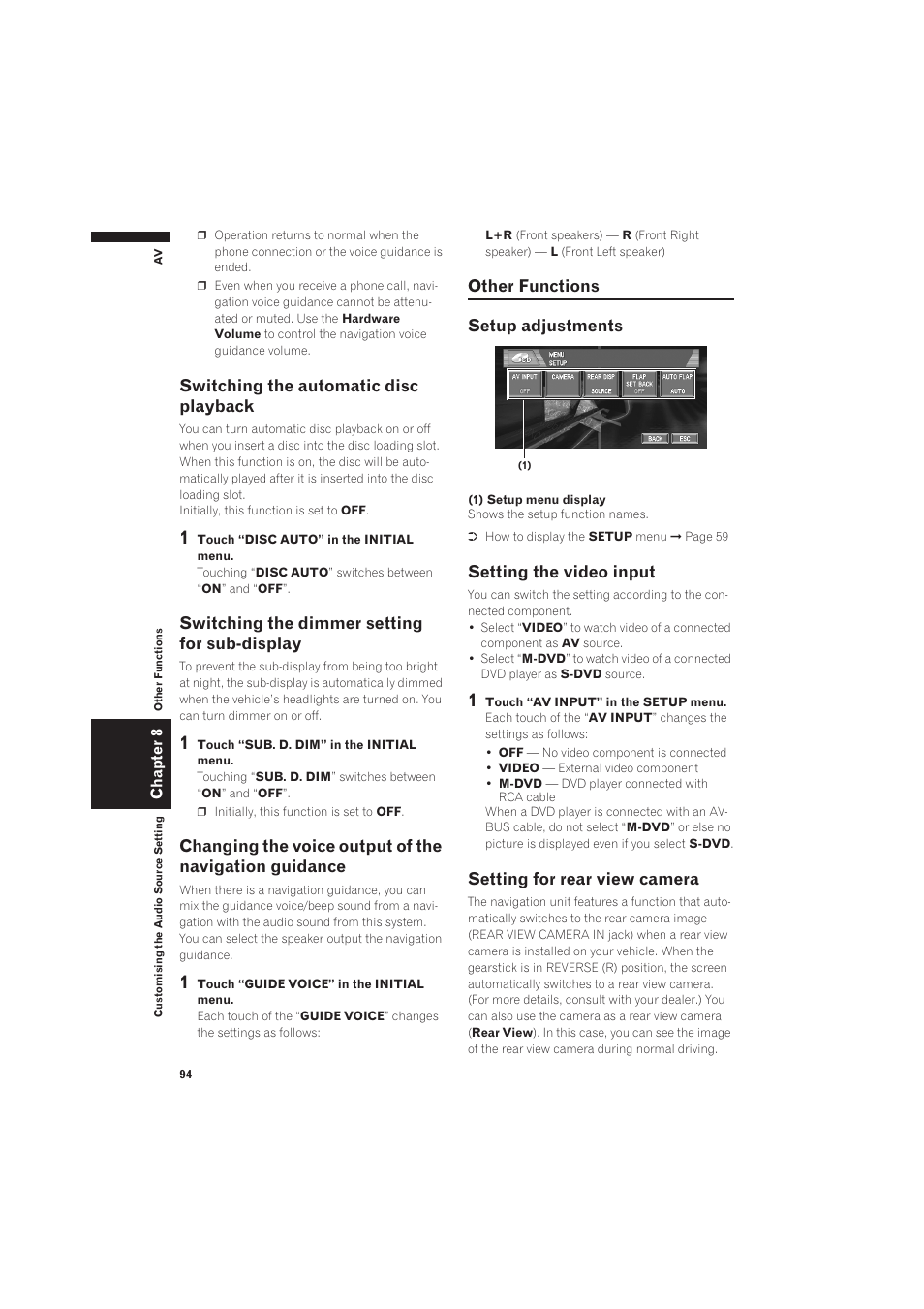 Switching the automatic disc playback, Switching the dimmer setting for sub, Display | Changing the voice output of the navigation, Guidance, Other functions, Setup adjustments, Setting the video input, Setting for rear view camera 94 | Pioneer CNDV-50MT User Manual | Page 96 / 137
