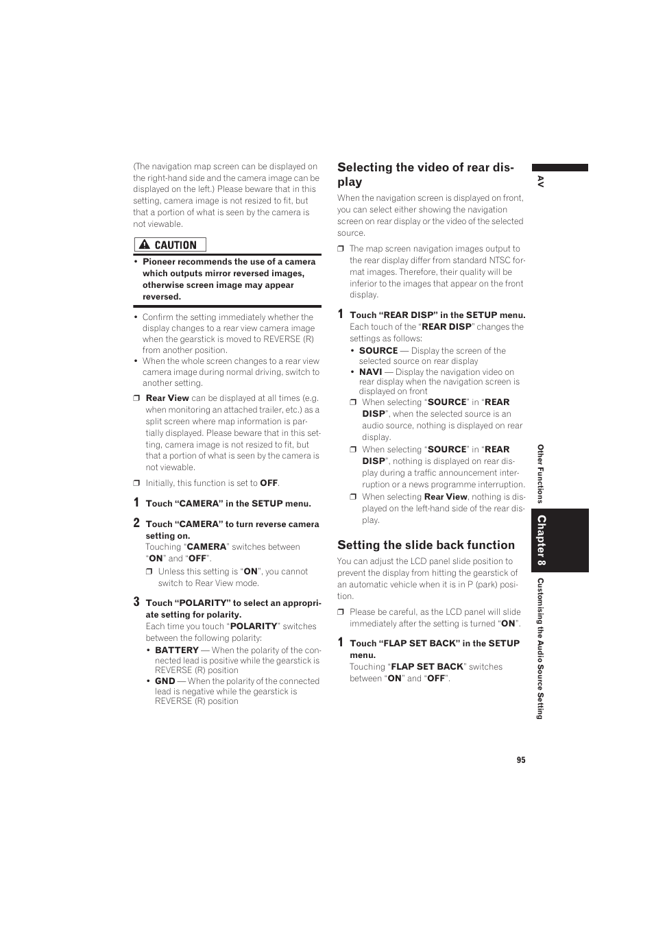 Selecting the video of rear display, Setting the slide back function 95, Selecting the video of rear dis- play | Setting the slide back function | Pioneer CNDV-50MT User Manual | Page 97 / 137