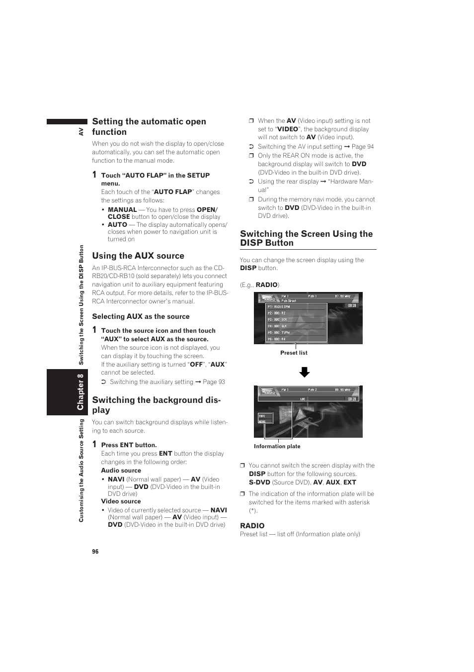 Switching the background display, Switching the screen using the disp button, Setting the automatic open function | Using the aux source, Switching the background dis- play | Pioneer CNDV-50MT User Manual | Page 98 / 137
