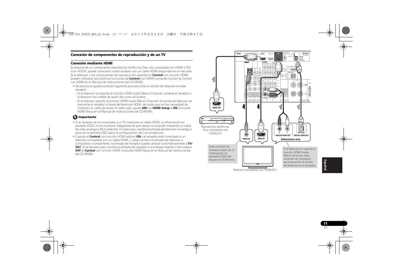 Conexión de componentes de reproducción y de un tv, Conexión mediante hdmi | Pioneer VSX-521 User Manual | Page 101 / 128