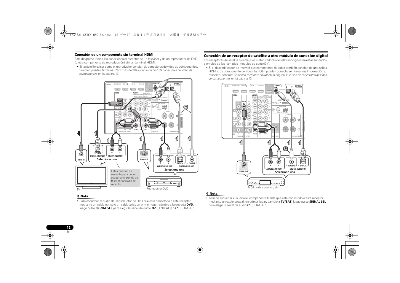 Conexión de un componente sin terminal hdmi | Pioneer VSX-521 User Manual | Page 102 / 128
