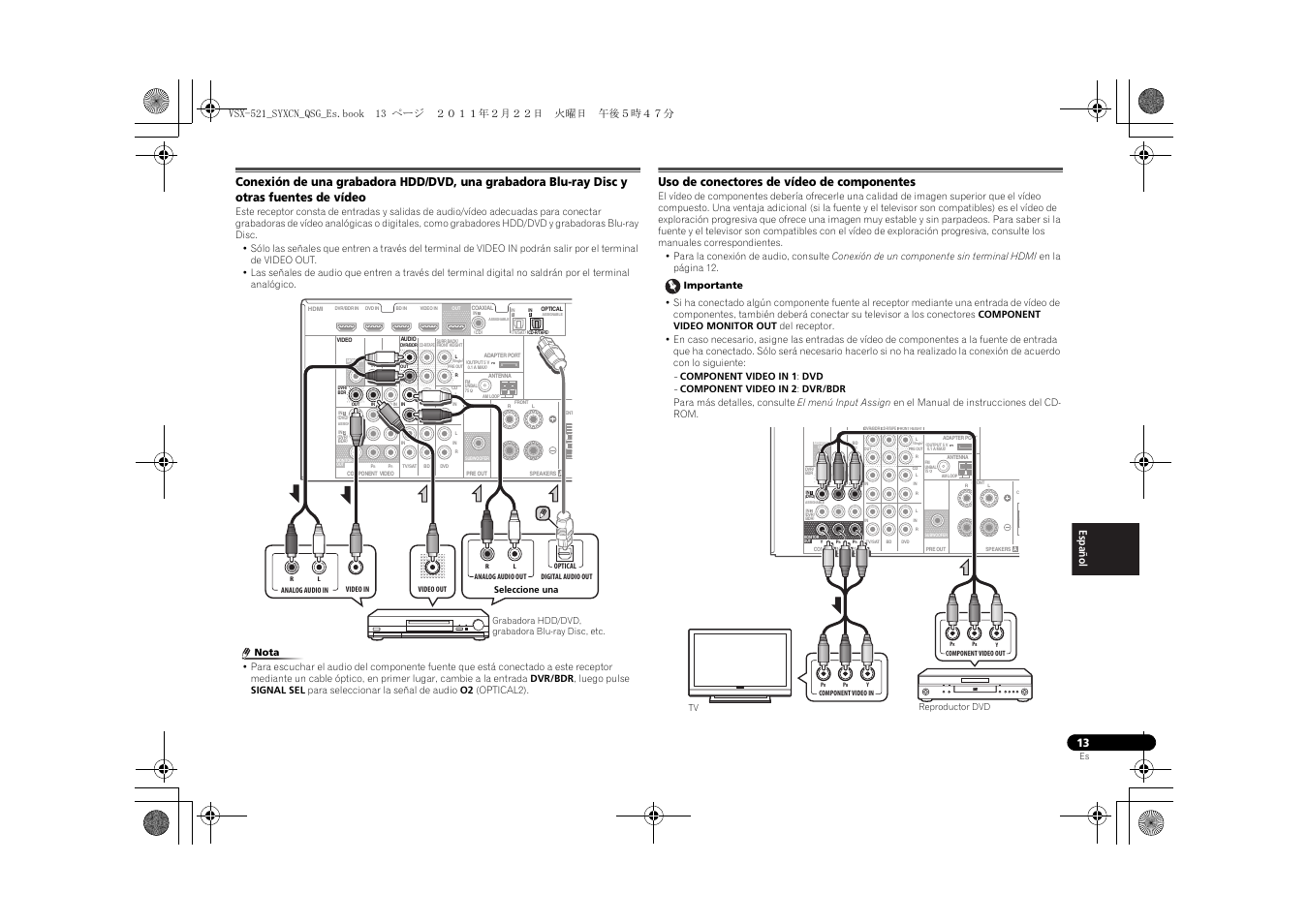 Uso de conectores de vídeo de componentes | Pioneer VSX-521 User Manual | Page 103 / 128