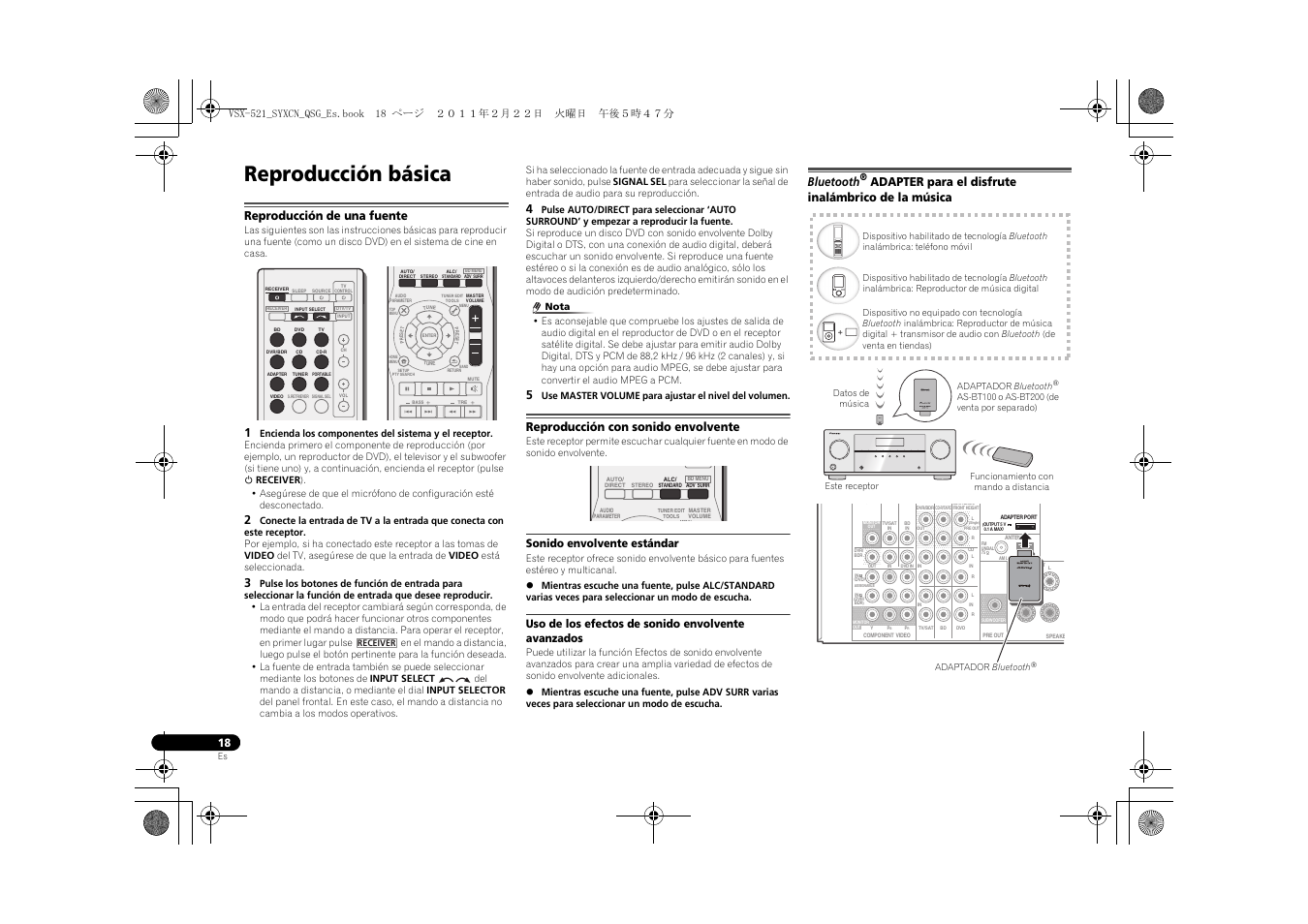 Reproducción básica, Reproducción de una fuente, Reproducción con sonido envolvente | Sonido envolvente estándar, Uso de los efectos de sonido envolvente avanzados, Bluetooth, Adapter para el disfrute inalámbrico de la, Música, Adapter para el disfrute inalámbrico de la música | Pioneer VSX-521 User Manual | Page 108 / 128