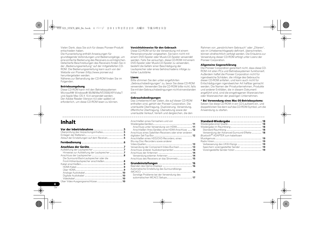 Audio-/video- mehrkanal-receiver, Kurzanleitung, Inhalt | Pioneer VSX-521 User Manual | Page 112 / 128