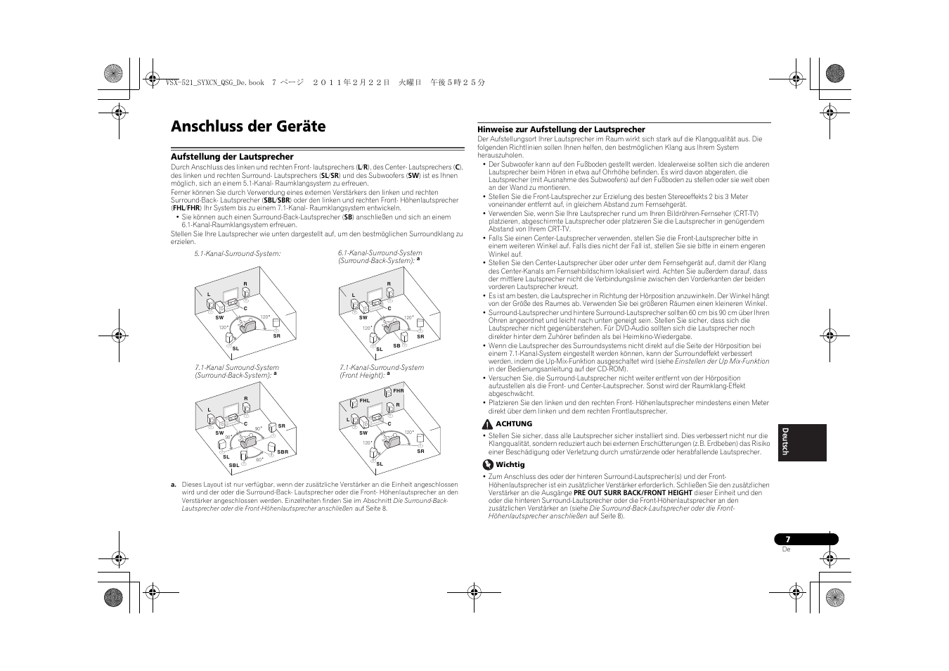 Anschluss der geräte, Aufstellung der lautsprecher, Hinweise zur aufstellung der lautsprecher | Pioneer VSX-521 User Manual | Page 115 / 128