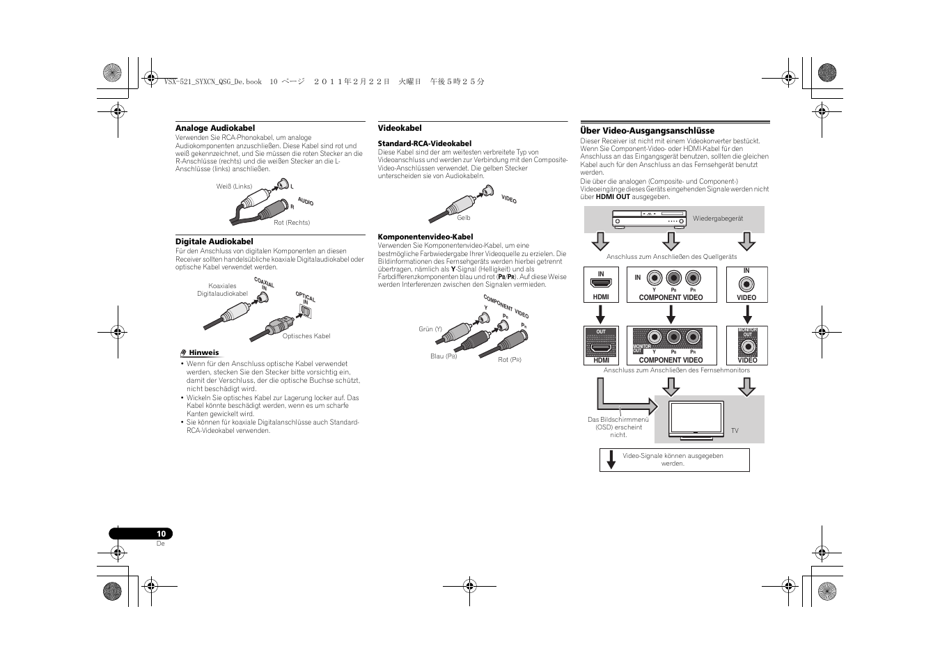 Analoge audiokabel, Digitale audiokabel, Videokabel | Über video-ausgangsanschlüsse | Pioneer VSX-521 User Manual | Page 118 / 128