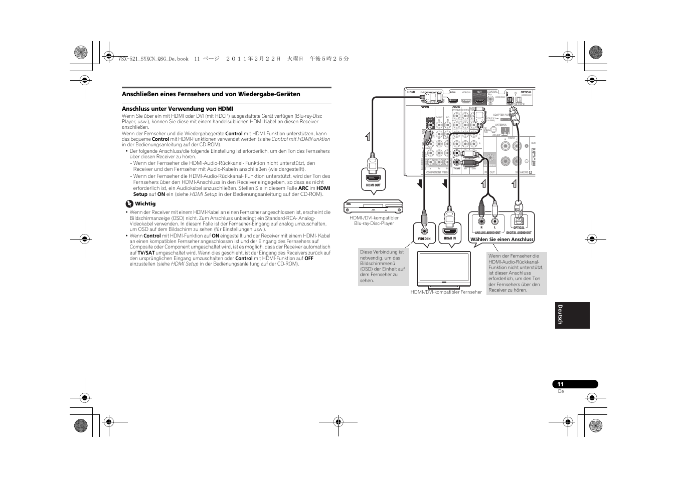 Anschluss unter verwendung von hdmi | Pioneer VSX-521 User Manual | Page 119 / 128