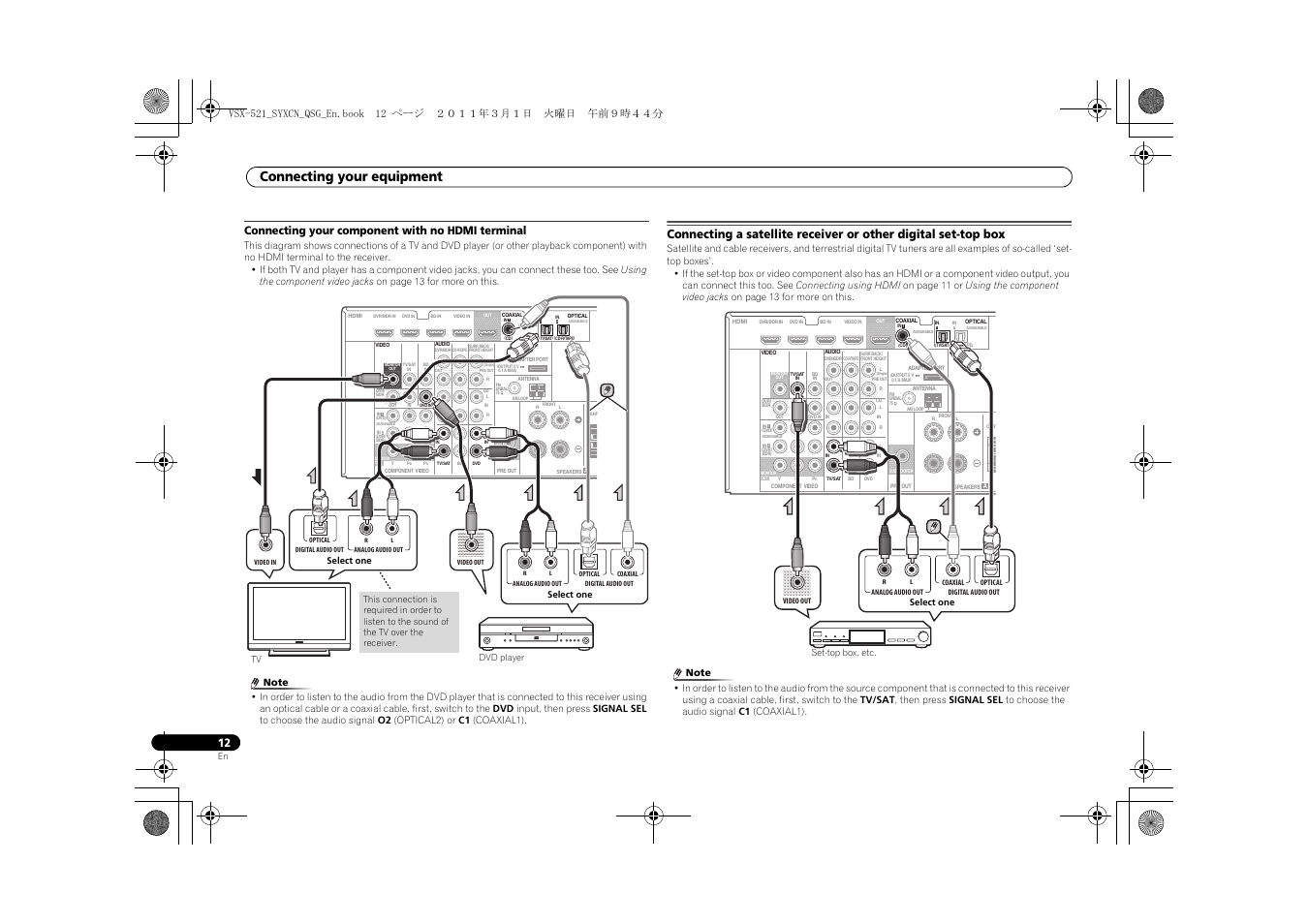 Connecting your component with no hdmi terminal, Connecting your equipment | Pioneer VSX-521 User Manual | Page 12 / 128