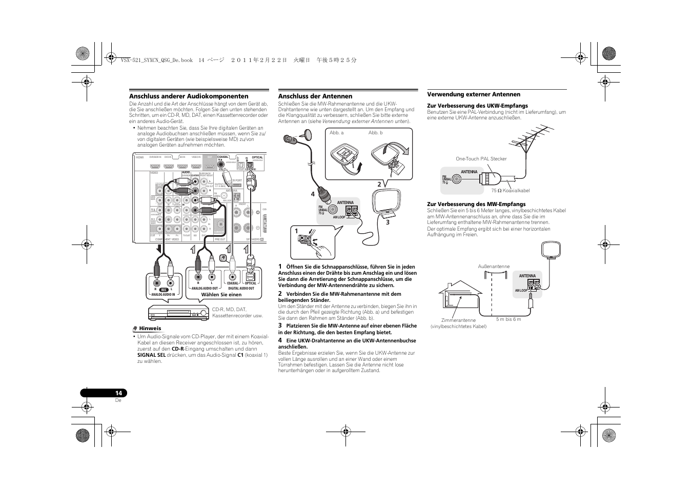 Anschluss anderer audiokomponenten, Anschluss der antennen, Verwendung externer antennen | Pioneer VSX-521 User Manual | Page 122 / 128