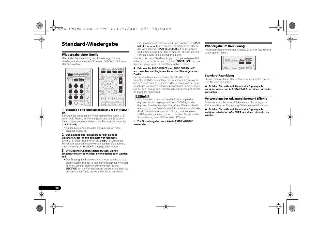 Standard-wiedergabe, Wiedergabe einer quelle, Wiedergabe im raumklang | Standard-raumklang, Verwendung der advanced-surround-effekte | Pioneer VSX-521 User Manual | Page 126 / 128