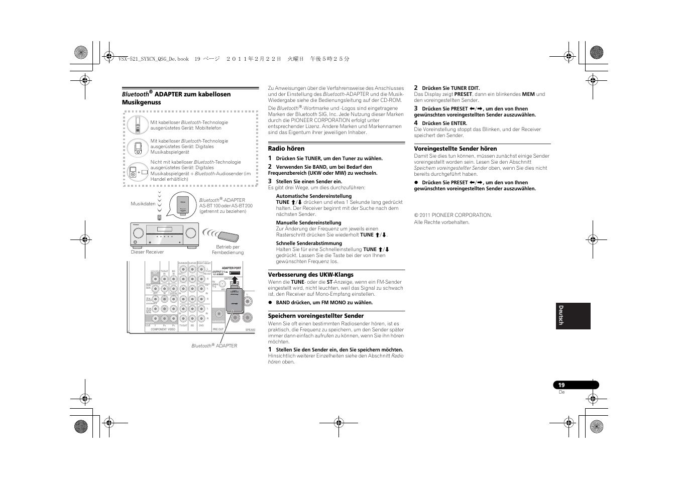 Bluetooth, Adapter zum kabellosen, Musikgenuss | Radio hören, Verbesserung des ukw-klangs, Speichern voreingestellter sender, Voreingestellte sender hören, Adapter zum kabellosen musikgenuss, Radio hören 1 | Pioneer VSX-521 User Manual | Page 127 / 128