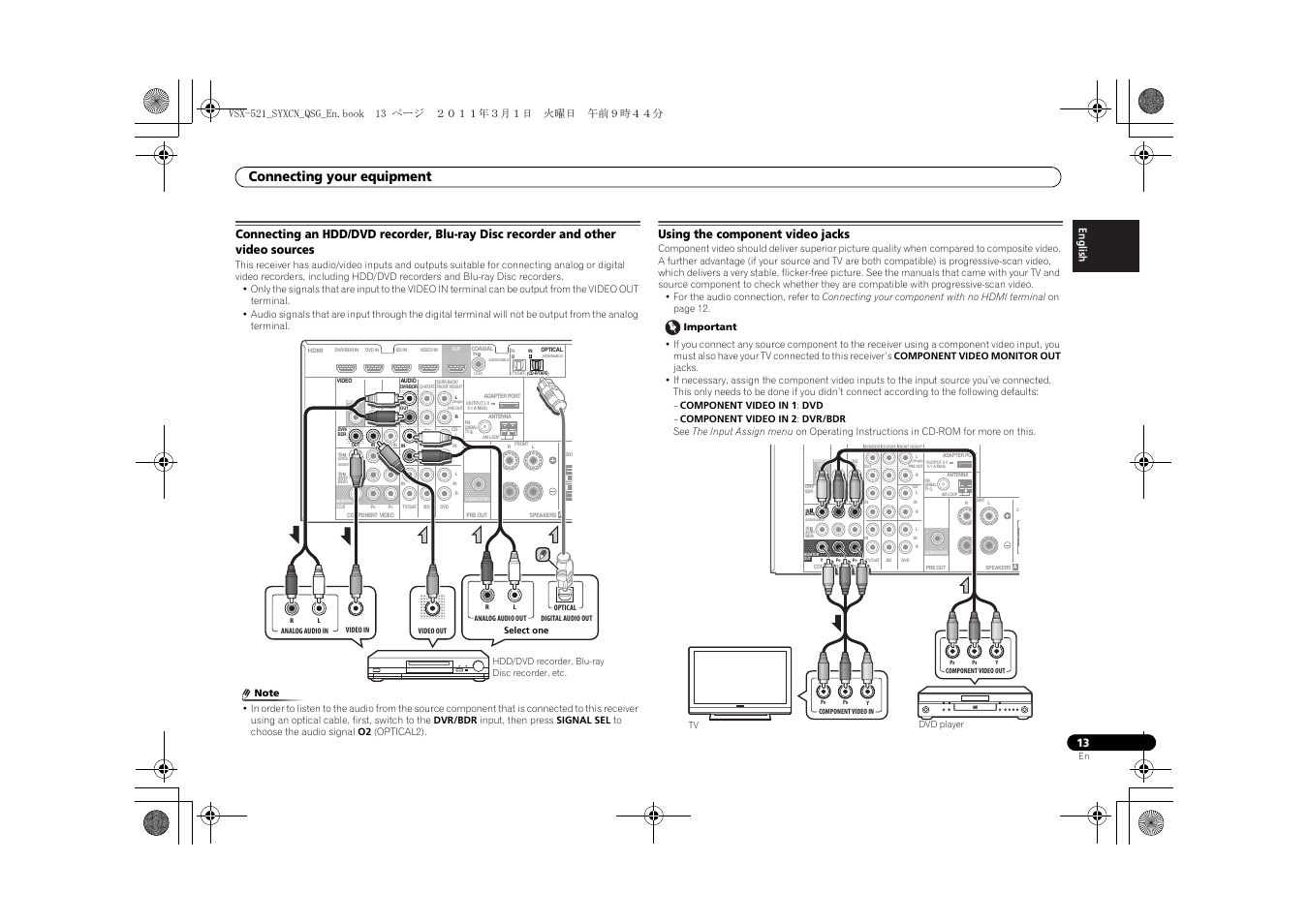 Using the component video jacks, Connecting your equipment | Pioneer VSX-521 User Manual | Page 13 / 128