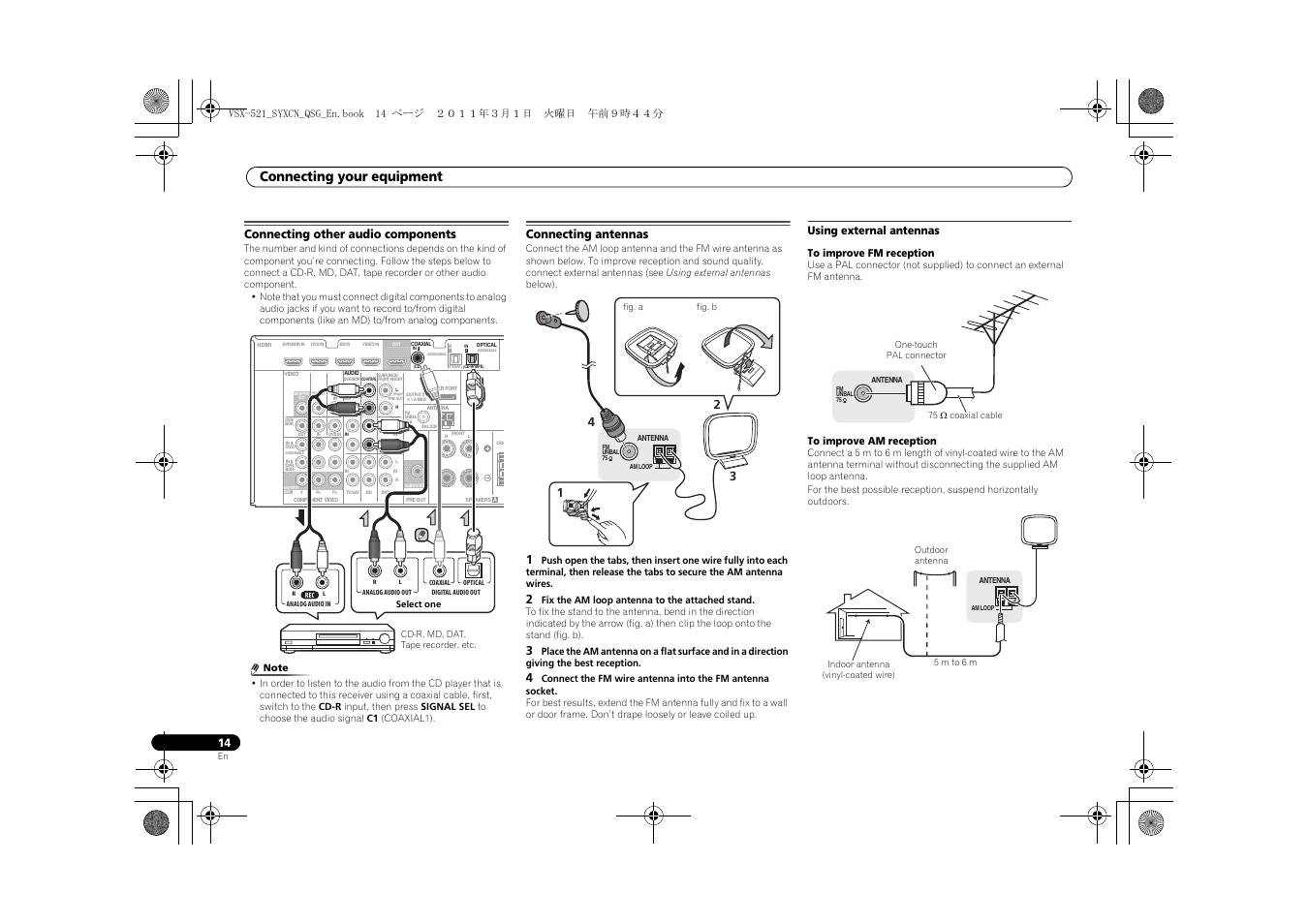 Connecting other audio components, Connecting antennas, Using external antennas | Connecting your equipment | Pioneer VSX-521 User Manual | Page 14 / 128