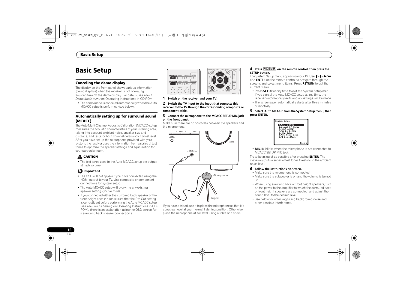 Basic setup, Canceling the demo display | Pioneer VSX-521 User Manual | Page 16 / 128