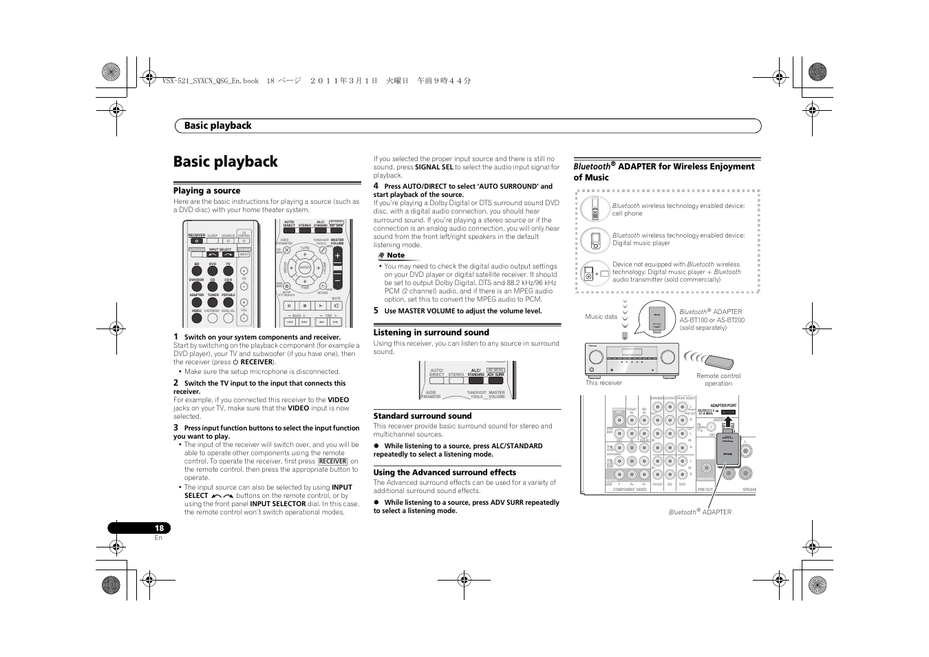 Basic playback, Playing a source, Listening in surround sound | Standard surround sound, Using the advanced surround effects, Bluetooth, Adapter for wireless enjoyment of, Music, Adapter for wireless enjoyment of music | Pioneer VSX-521 User Manual | Page 18 / 128