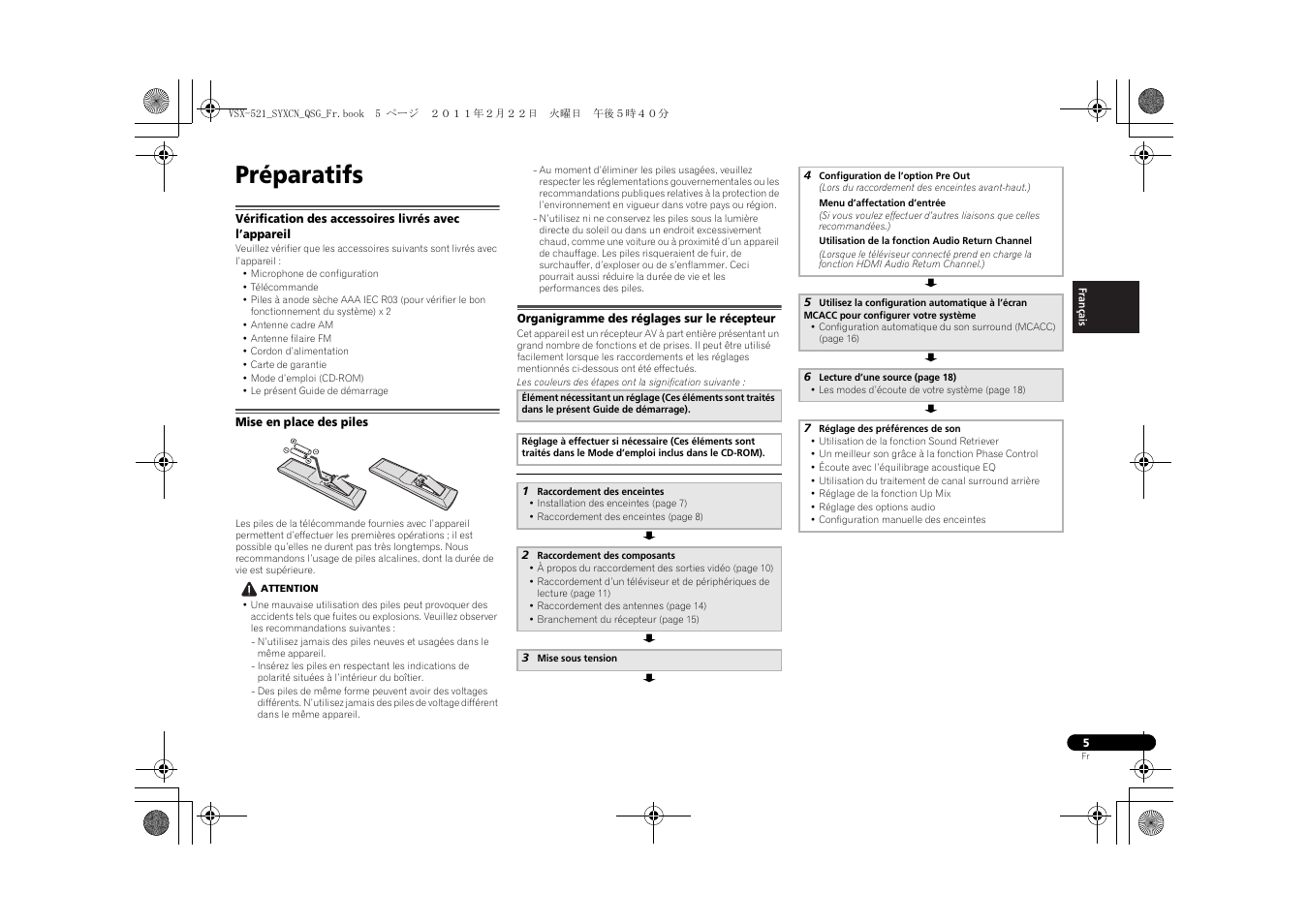 Préparatifs, Mise en place des piles, Organigramme des réglages sur le récepteur | Pioneer VSX-521 User Manual | Page 23 / 128