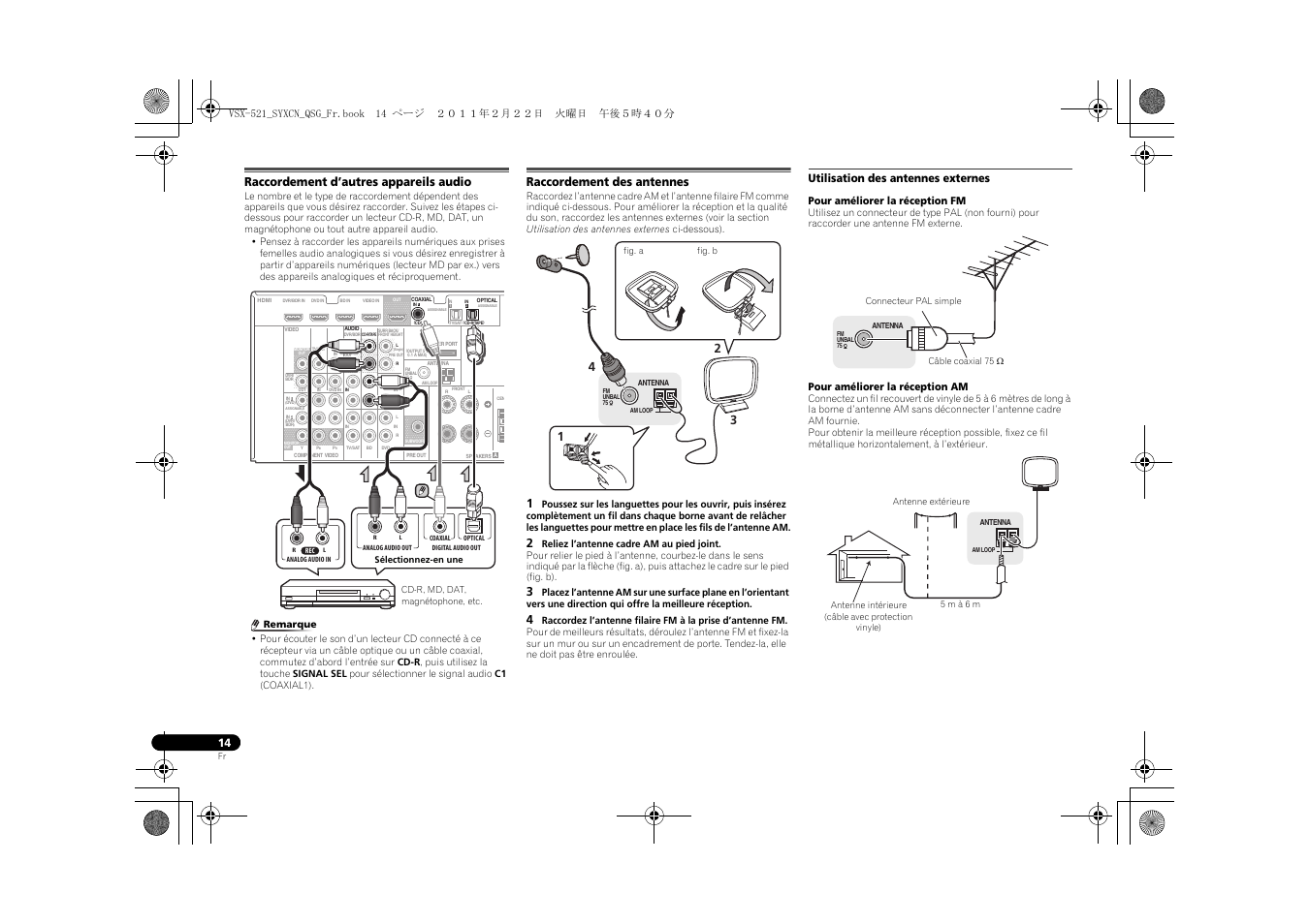 Raccordement d’autres appareils audio, Raccordement des antennes, Utilisation des antennes externes | Pioneer VSX-521 User Manual | Page 32 / 128
