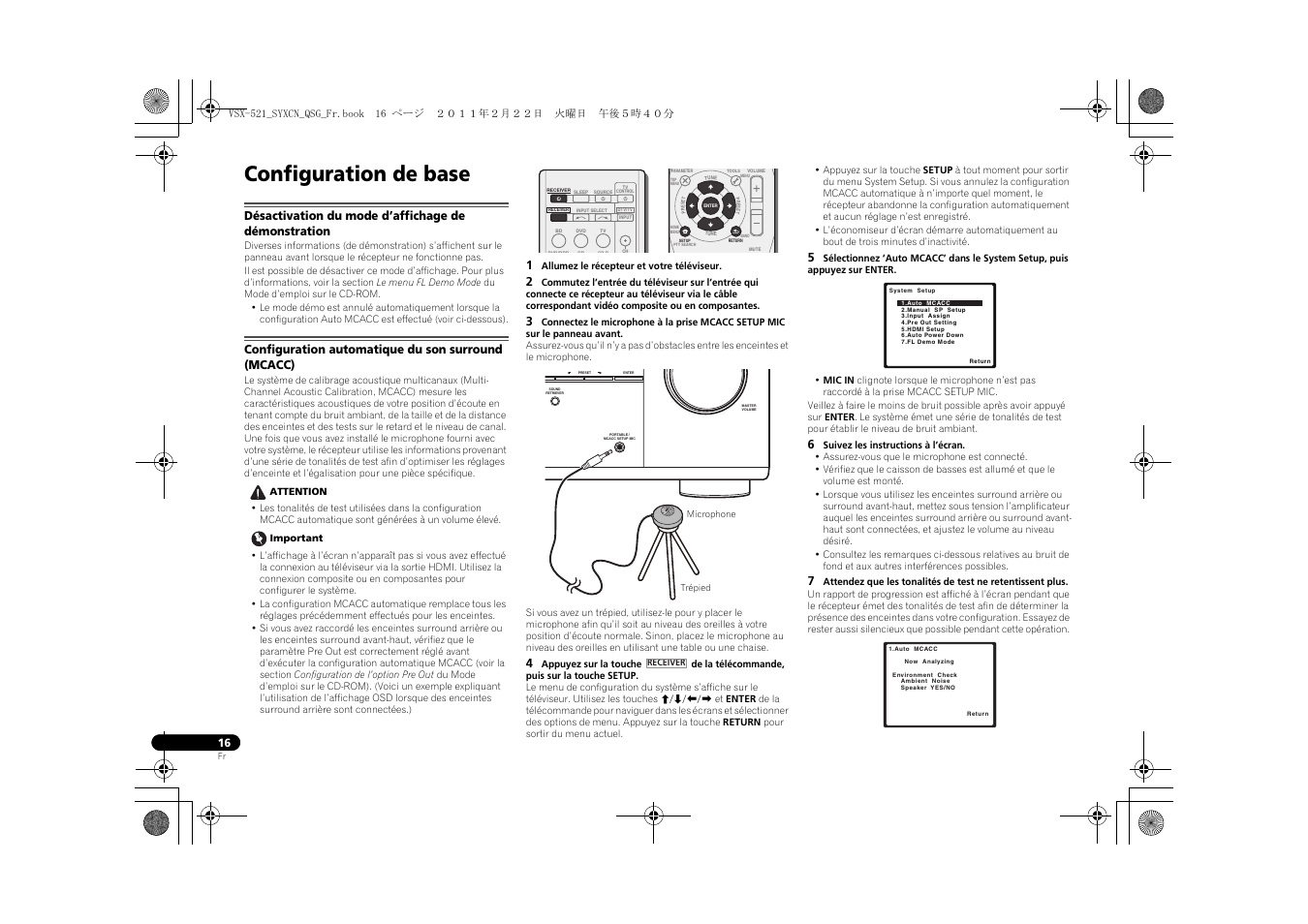 Configuration de base, Désactivation du mode d’affichage de démonstration, Configuration automatique du son surround (mcacc) | Pioneer VSX-521 User Manual | Page 34 / 128
