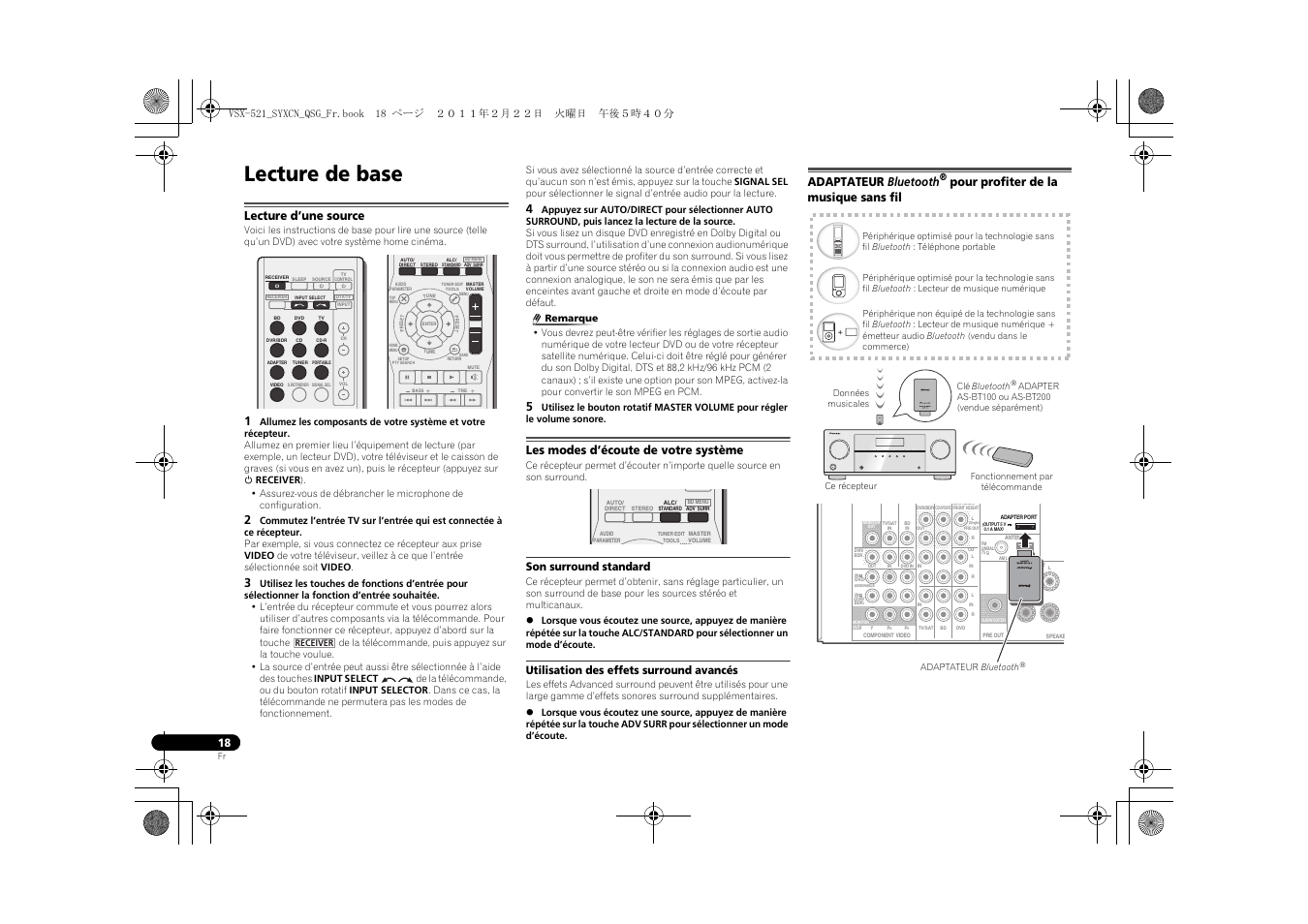 Lecture de base, Lecture d’une source, Les modes d’écoute de votre système | Son surround standard, Utilisation des effets surround avancés, Adaptateur bluetooth, Pour profiter de la musique, Sans fil, Pour profiter de la musique sans fil | Pioneer VSX-521 User Manual | Page 36 / 128