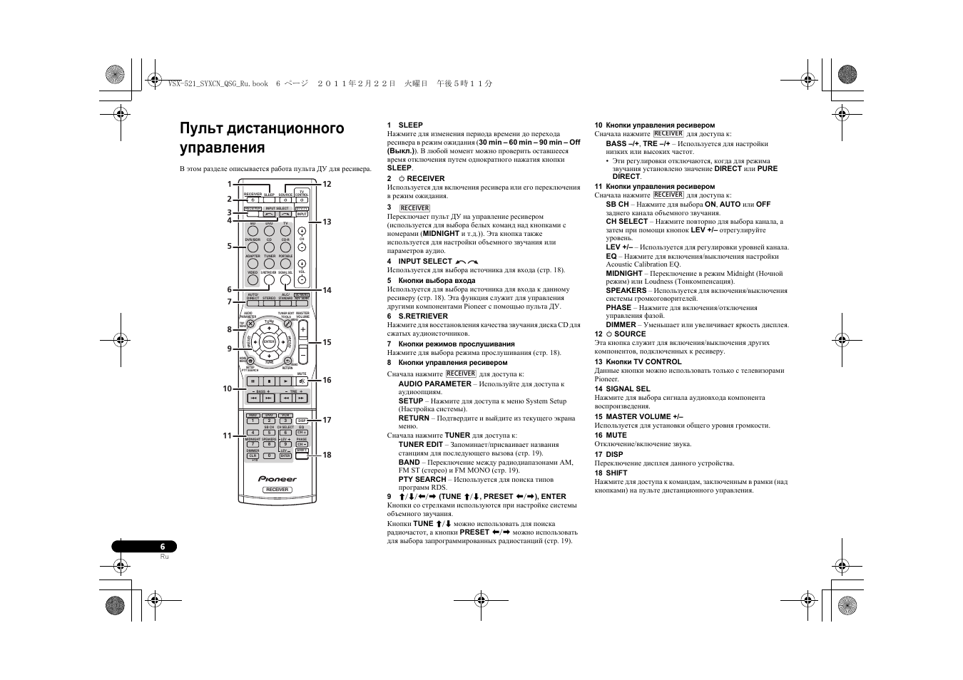 Пульт дистанционного управления | Pioneer VSX-521 User Manual | Page 42 / 128