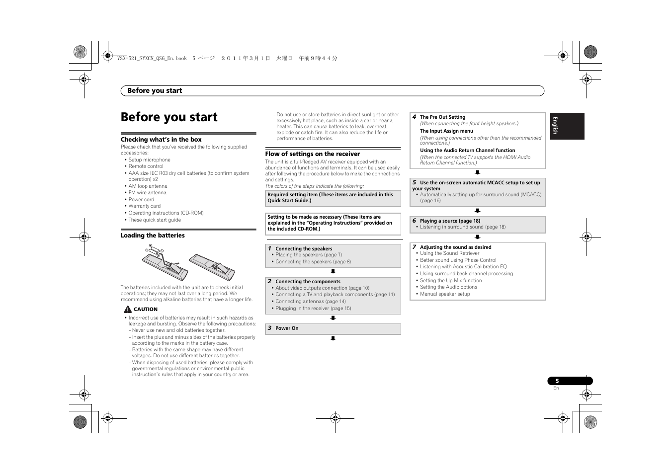 Before you start, Checking what’s in the box, Loading the batteries | Flow of settings on the receiver | Pioneer VSX-521 User Manual | Page 5 / 128