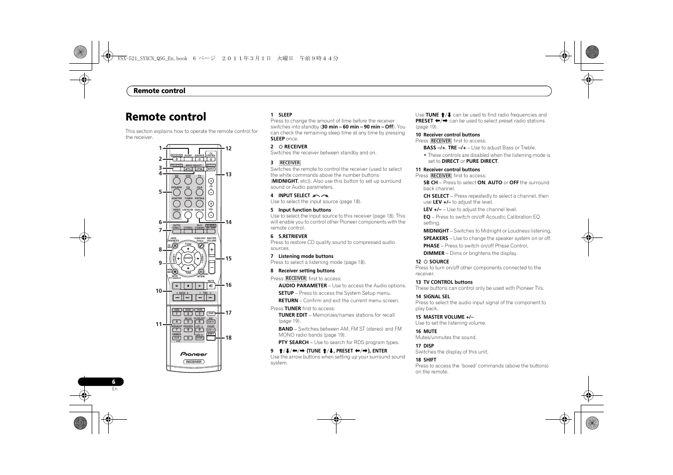 Remote control | Pioneer VSX-521 User Manual | Page 6 / 128