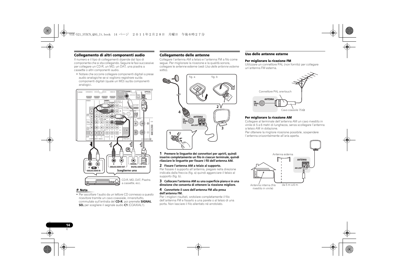 Collegamento di altri componenti audio, Collegamento delle antenne, Uso delle antenne esterne | Pioneer VSX-521 User Manual | Page 68 / 128