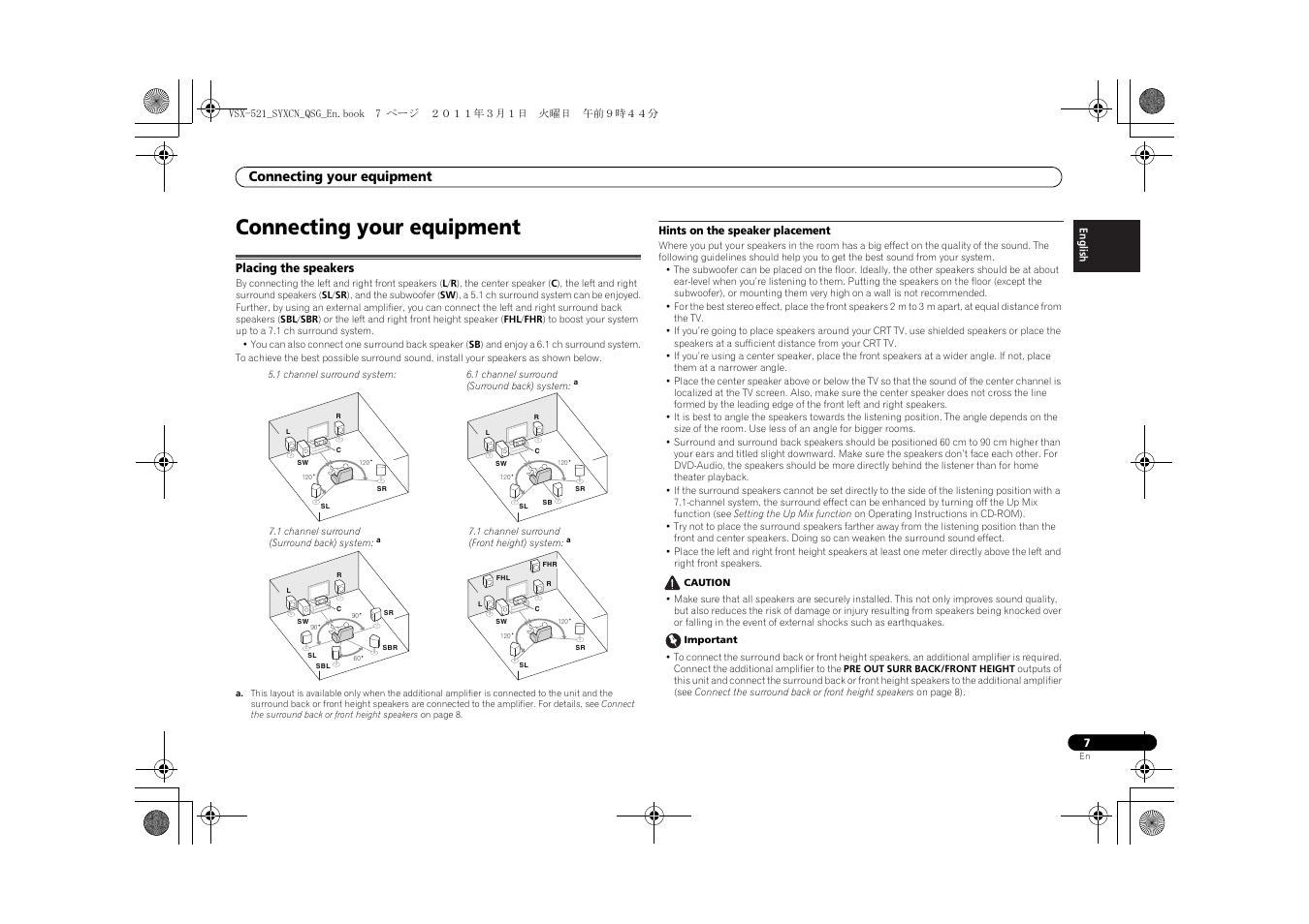 Connecting your equipment, Placing the speakers, Hints on the speaker placement | Pioneer VSX-521 User Manual | Page 7 / 128
