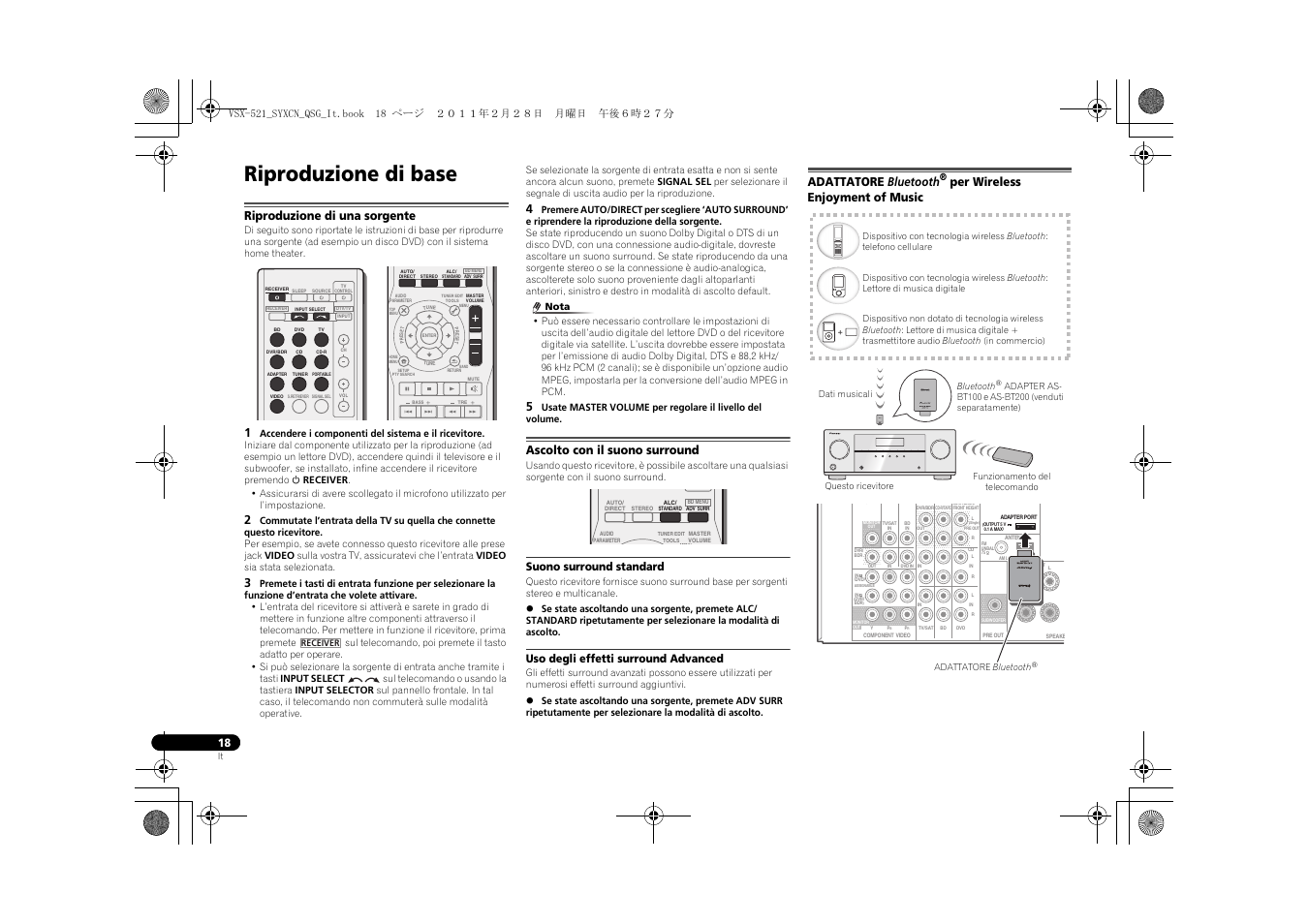 Riproduzione di base, Riproduzione di una sorgente, Ascolto con il suono surround | Suono surround standard, Uso degli effetti surround advanced, Adattatore bluetooth, Per wireless enjoyment of, Music, Per wireless enjoyment of music | Pioneer VSX-521 User Manual | Page 72 / 128