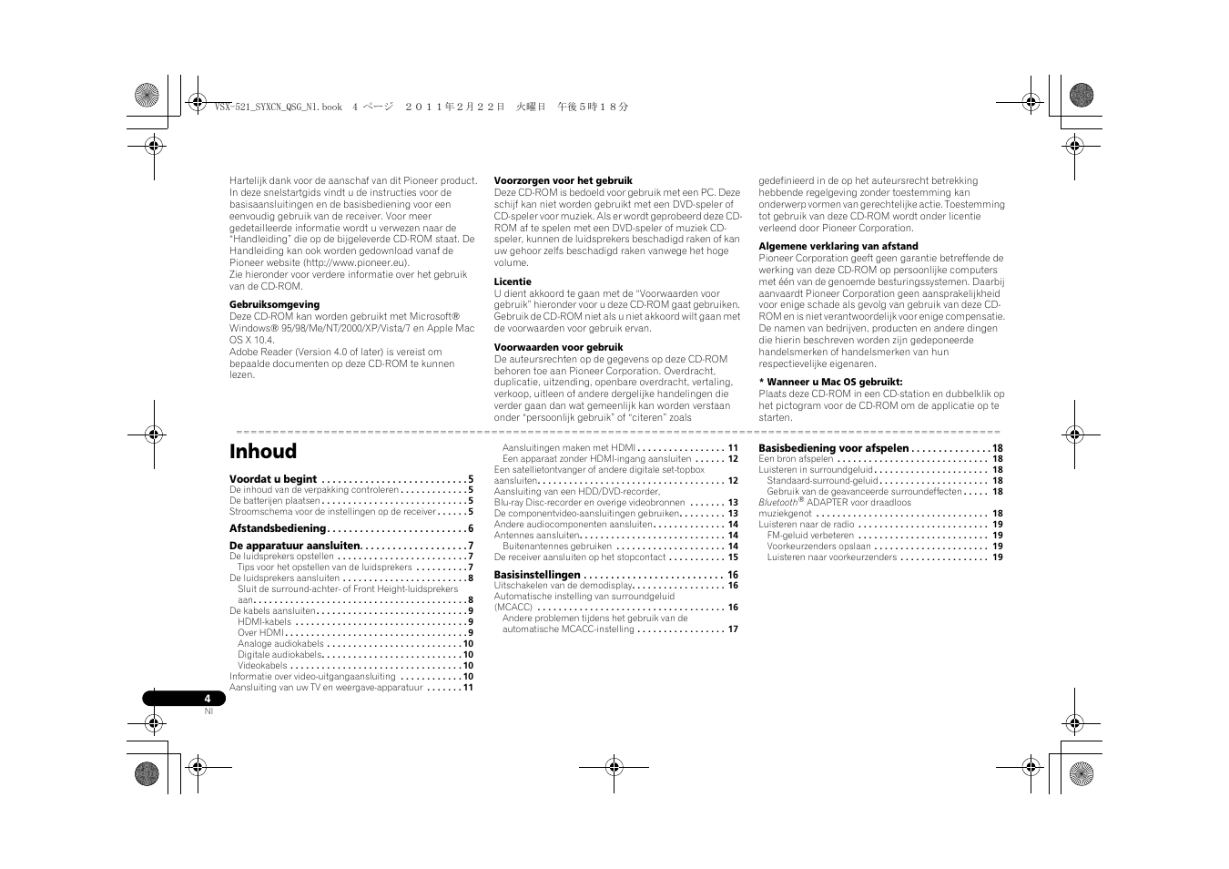 Audio/video multikanaals receiver, Snelstartgids, Inhoud | Pioneer VSX-521 User Manual | Page 76 / 128