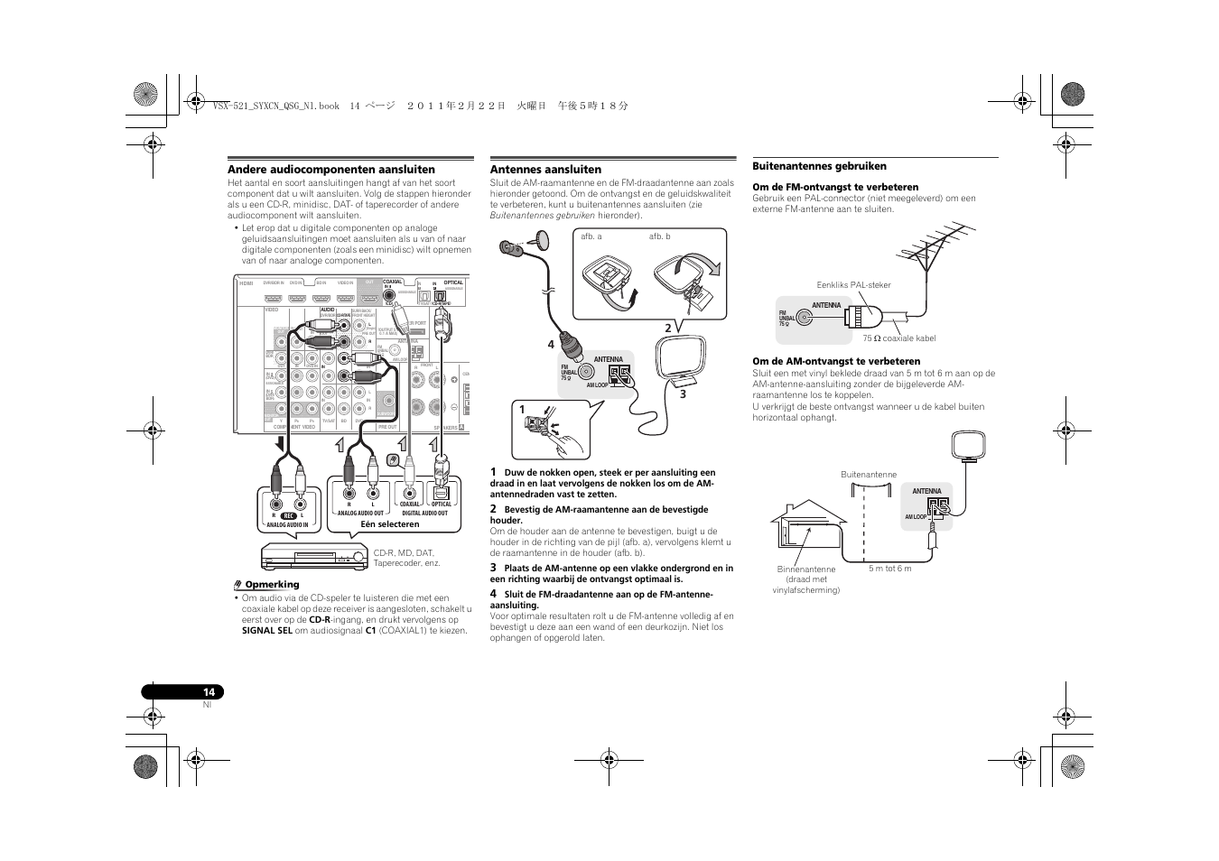 Andere audiocomponenten aansluiten, Antennes aansluiten, Buitenantennes gebruiken | Pioneer VSX-521 User Manual | Page 86 / 128