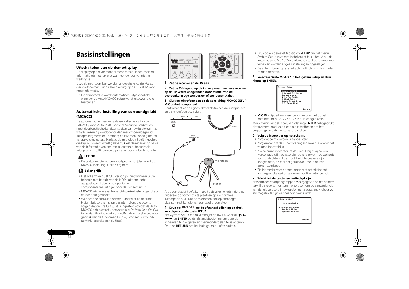 Basisinstellingen, Uitschakelen van de demodisplay, Automatische instelling van surroundgeluid (mcacc) | Pioneer VSX-521 User Manual | Page 88 / 128