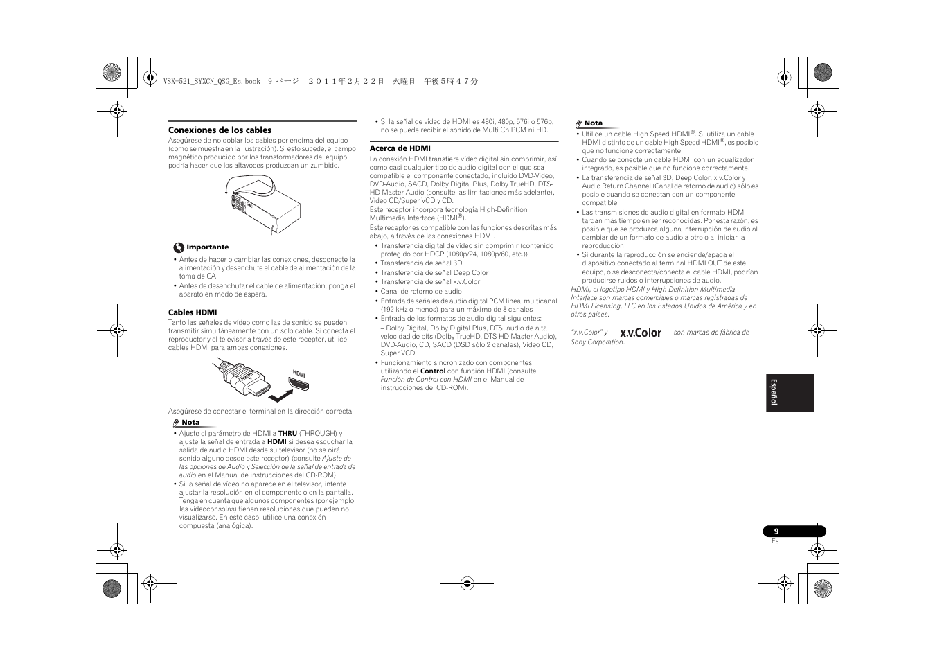 Conexiones de los cables, Cables hdmi, Acerca de hdmi | Pioneer VSX-521 User Manual | Page 99 / 128