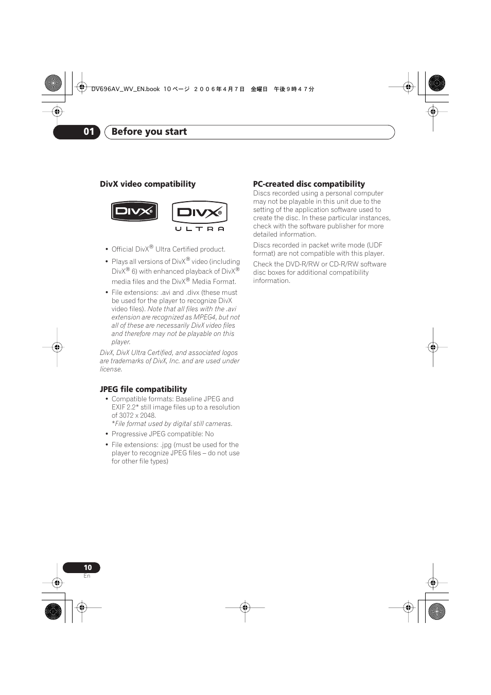 Before you start 01 | Pioneer DV-696AV-S User Manual | Page 10 / 64