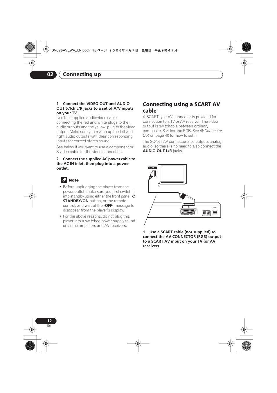 Connecting using a scart av cable, Connecting up 02 | Pioneer DV-696AV-S User Manual | Page 12 / 64
