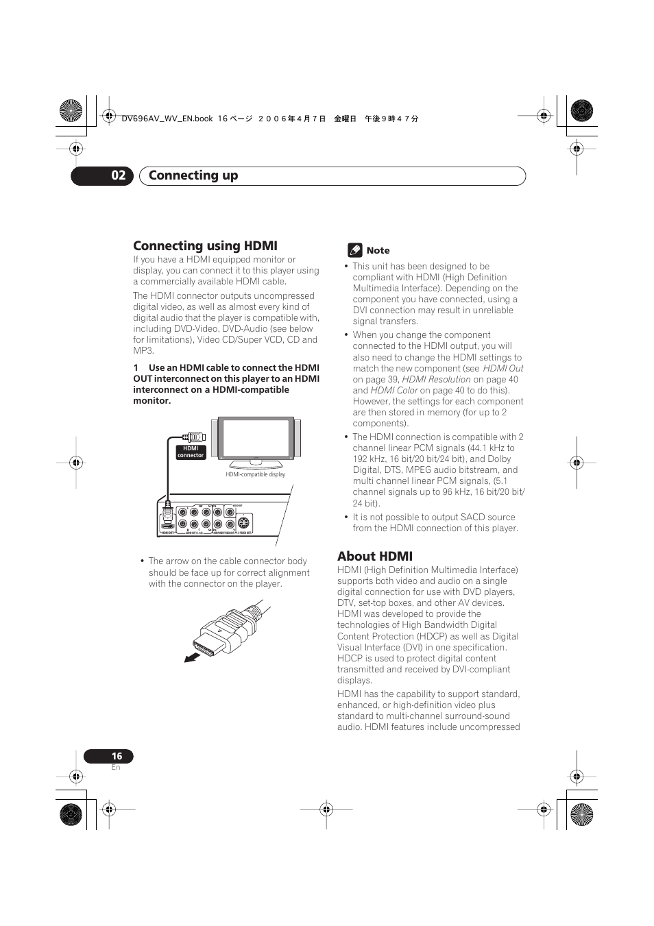 Connecting using hdmi, About hdmi, Connecting up 02 | Pioneer DV-696AV-S User Manual | Page 16 / 64