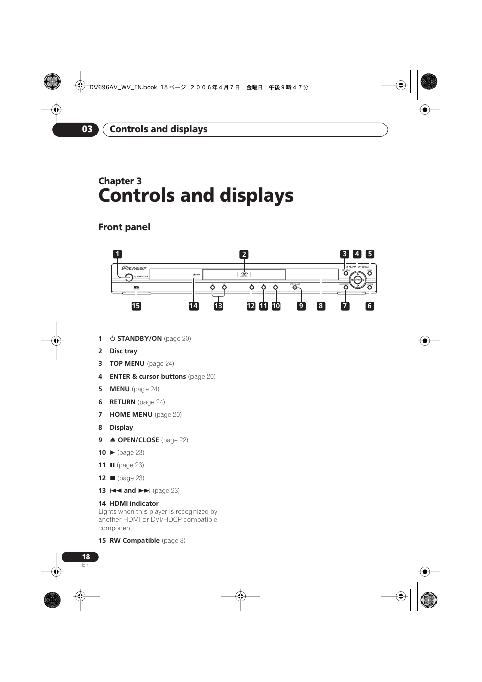 03 controls and displays, Front panel, Controls and displays | Controls and displays 03, Chapter 3 | Pioneer DV-696AV-S User Manual | Page 18 / 64