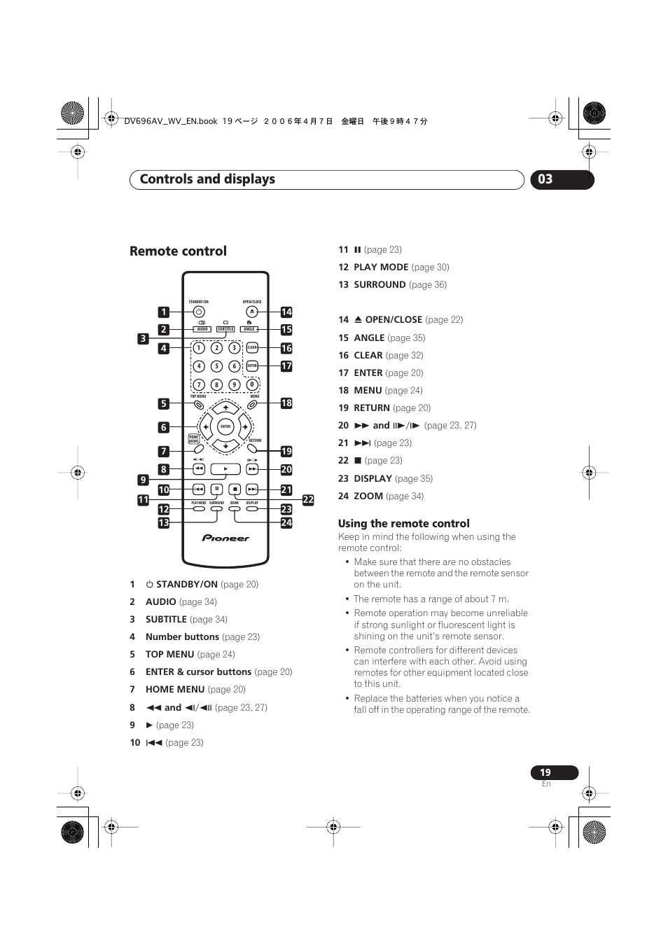Remote control, Controls and displays 03 | Pioneer DV-696AV-S User Manual | Page 19 / 64