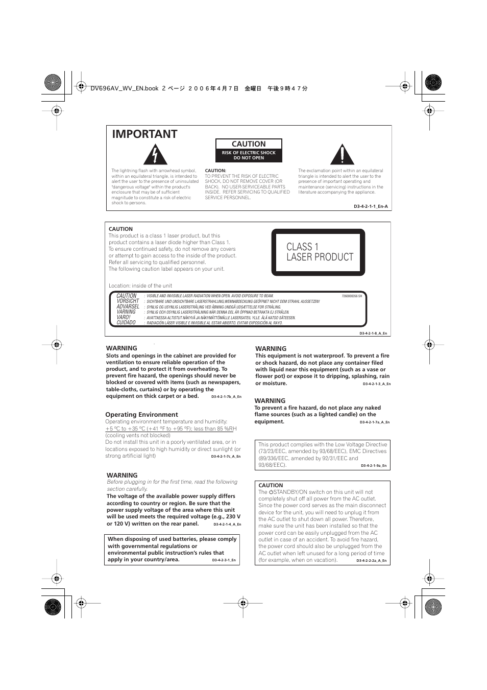 Important, Class 1 laser product, Caution | Pioneer DV-696AV-S User Manual | Page 2 / 64