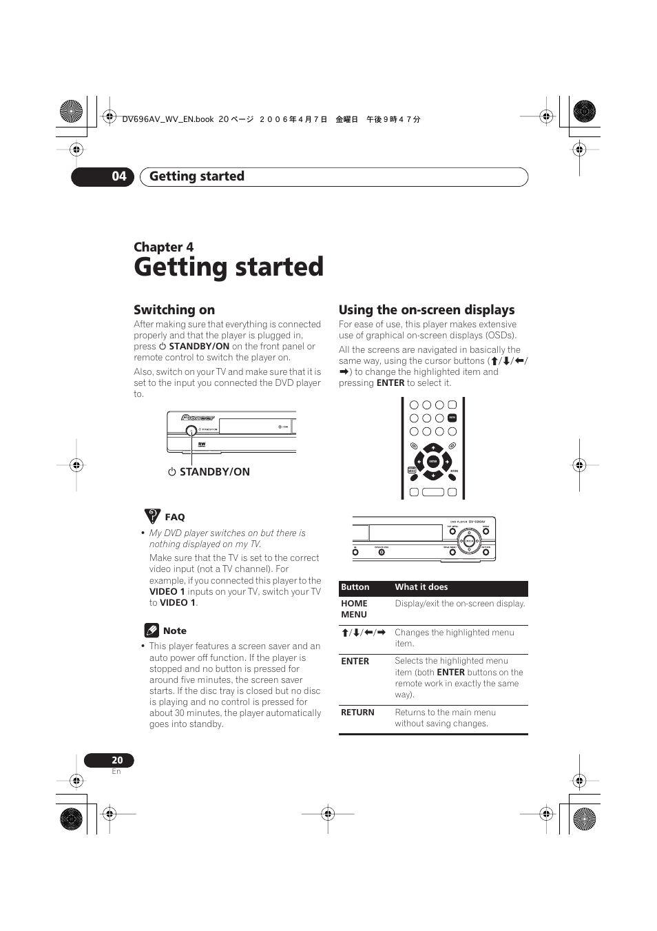 04 getting started, Switching on, Using the on-screen displays | Getting started, Getting started 04, Chapter 4 | Pioneer DV-696AV-S User Manual | Page 20 / 64