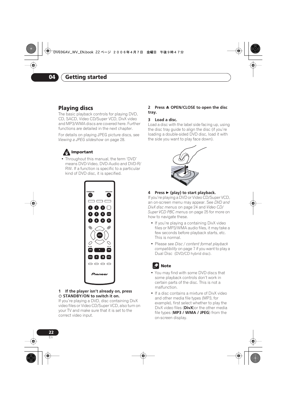 Playing discs, Getting started 04 | Pioneer DV-696AV-S User Manual | Page 22 / 64
