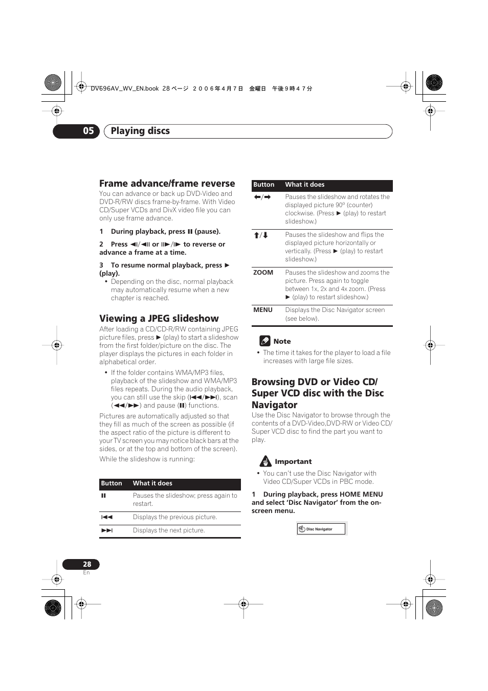 Frame advance/frame reverse, Viewing a jpeg slideshow, Playing discs 05 | Pioneer DV-696AV-S User Manual | Page 28 / 64