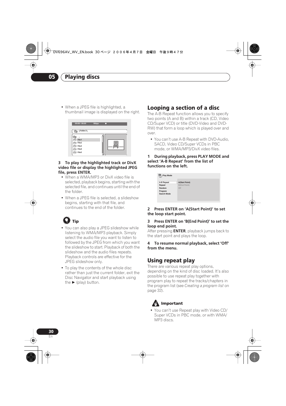 Looping a section of a disc, Using repeat play, Playing discs 05 | Pioneer DV-696AV-S User Manual | Page 30 / 64