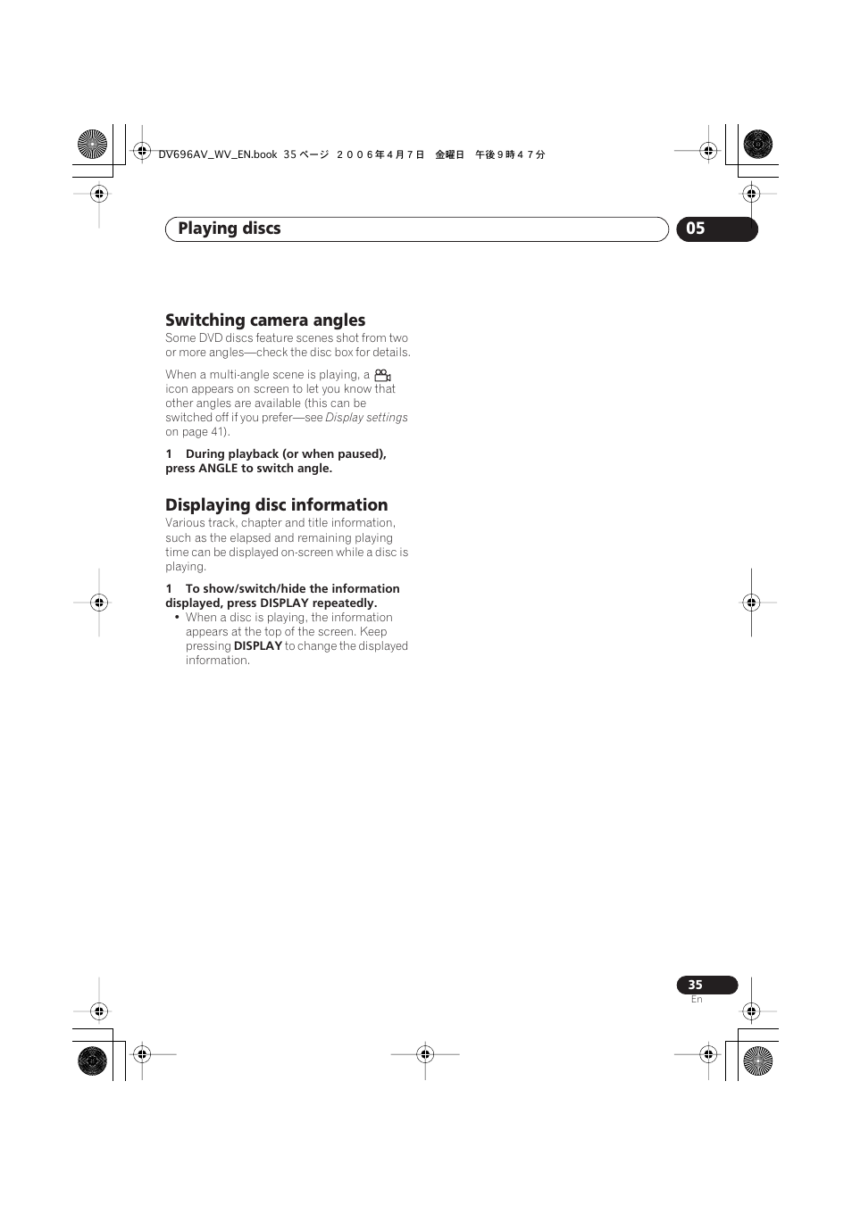 Switching camera angles, Displaying disc information, Playing discs 05 | Pioneer DV-696AV-S User Manual | Page 35 / 64
